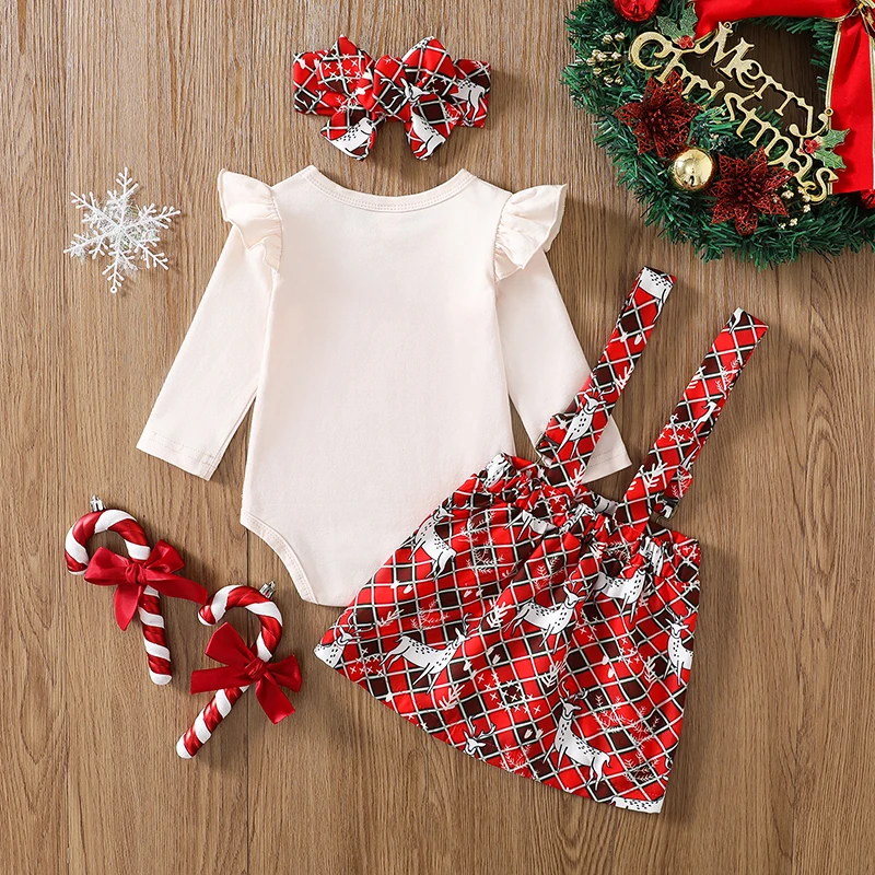 Children s Christmas Outfit Toddler Girls Long Sleeve Ruffle Romper Top with Suspender Skirt and Matching Headband