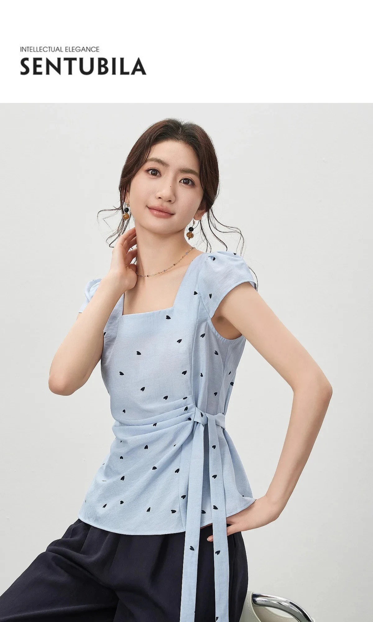 SENTUBILA Damen Chiffonbluse mit Herzmuster, Sommer, Gelb, Quadratischer Ausschnitt, Plissiert, Geraffte Taille, Kurzarm-Hemd 162VB5766 – Detail 3