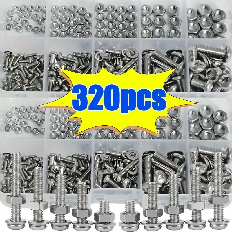 320-Piece Hex Nuts And Bolt Set Durable M2-M5 Metric Size Universal Hardware Kit for DIY Projects And Repairs
