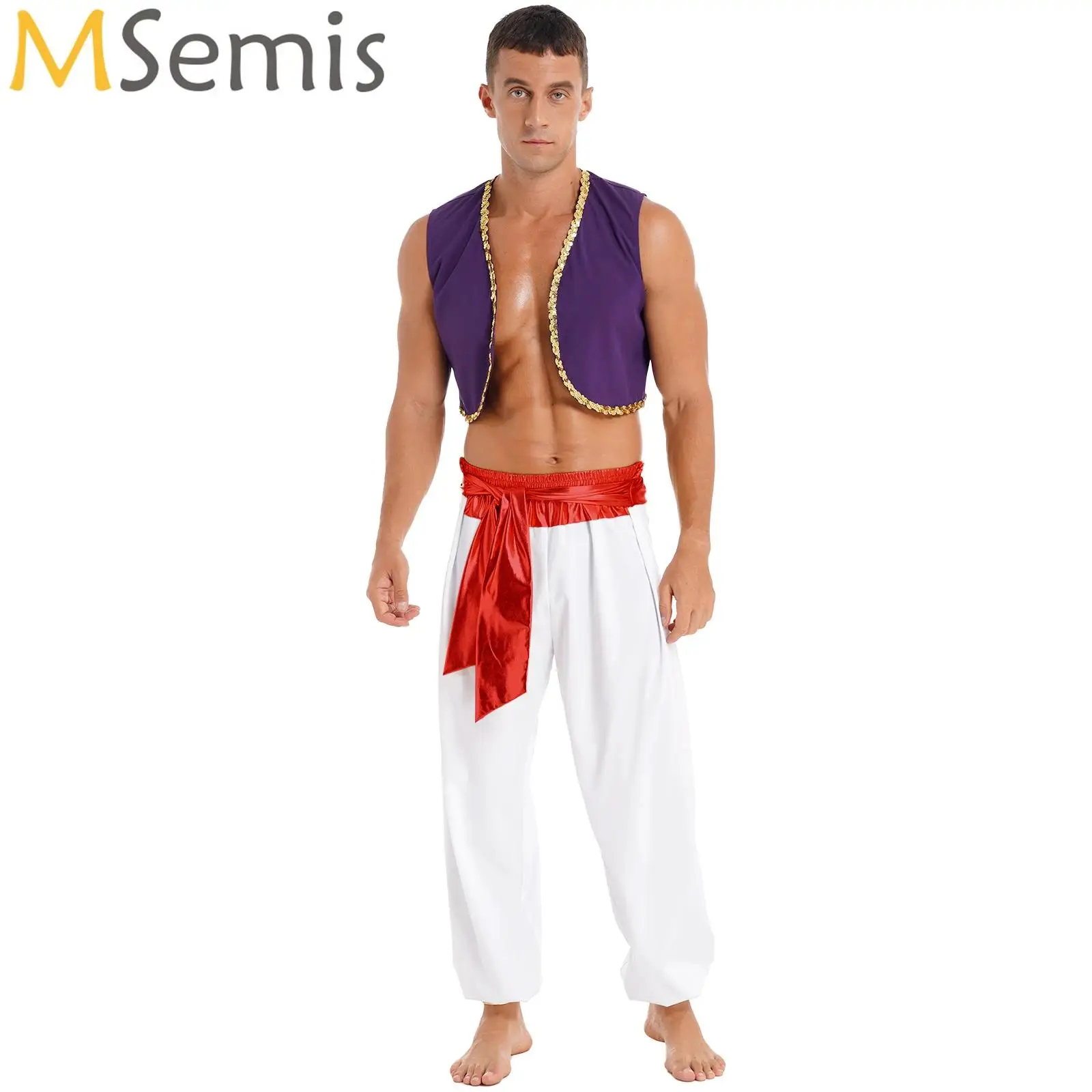 Aladin Costume Men Arabian Prince Cosplay Dress Up Waistcoat Top Harem Pants Suit Halloween Theme Party Carnival Perform Outfits