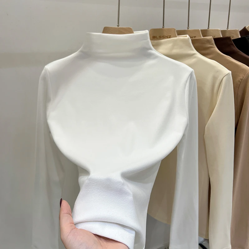 Herbst Winter 2026 Samt Rollkragen Damen T-Shirts Neu Langarm Einfarbig Koreanisch Lässig Slim Fit Oberteile Schlicht Vielseitig T-Shirts