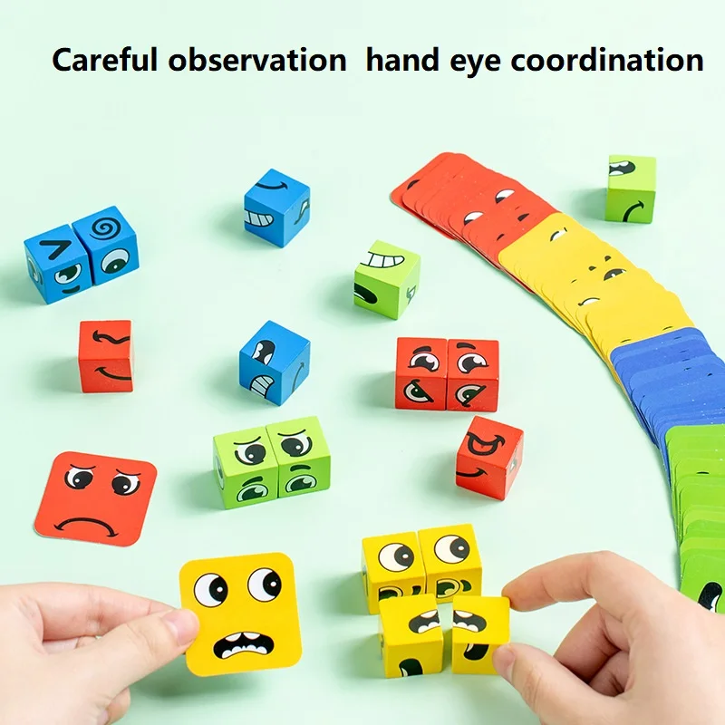 Face Changing Cube Wooden Toy Expression Building Blocks Parent children Interactive Funny Battle Level Game Challenging Puzzle