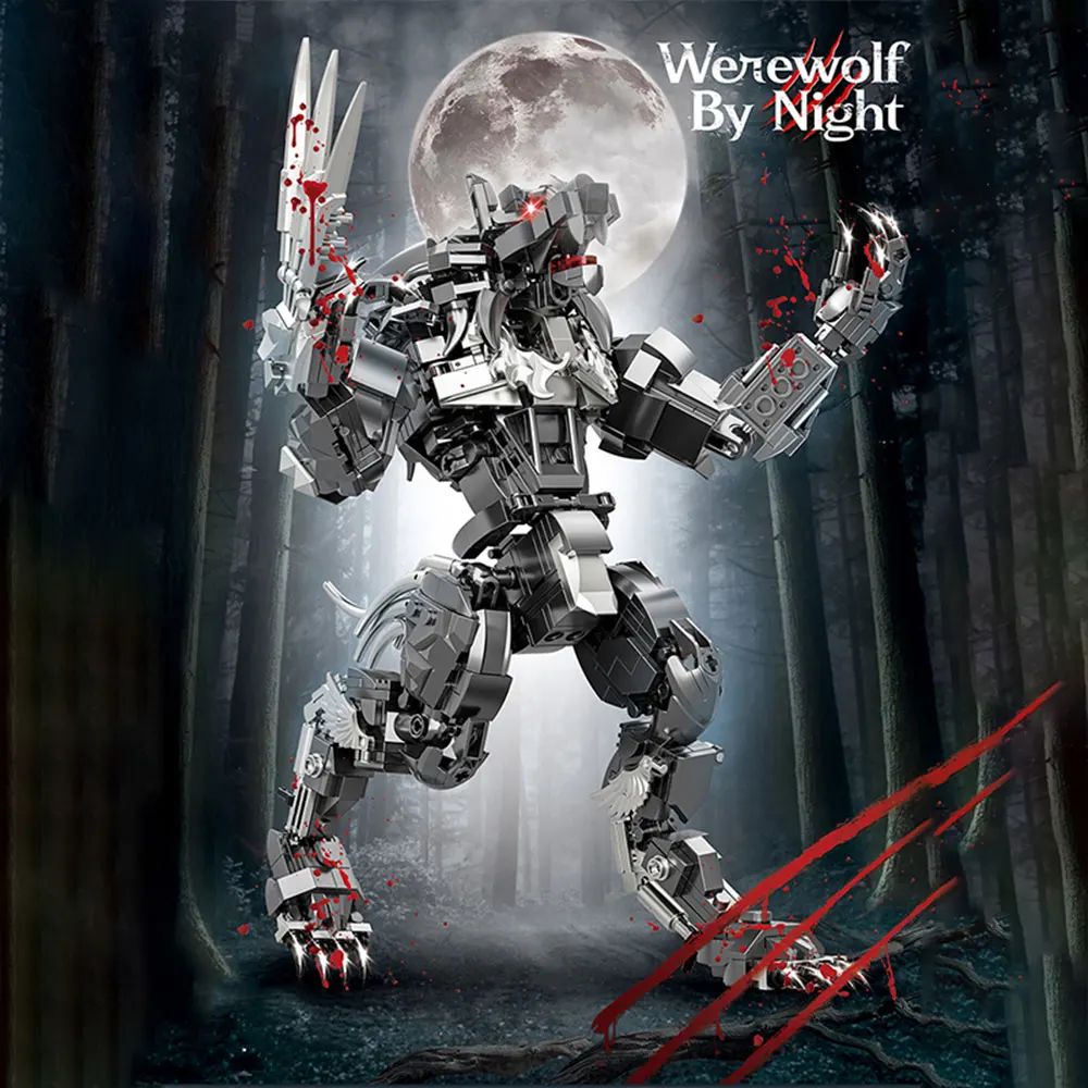 813PCS Dark Night Werewolf Building Blocks Silver Armor Mechan Werewolf Model Bricks Desktop Decoration Toys Kids Holiday Gifts