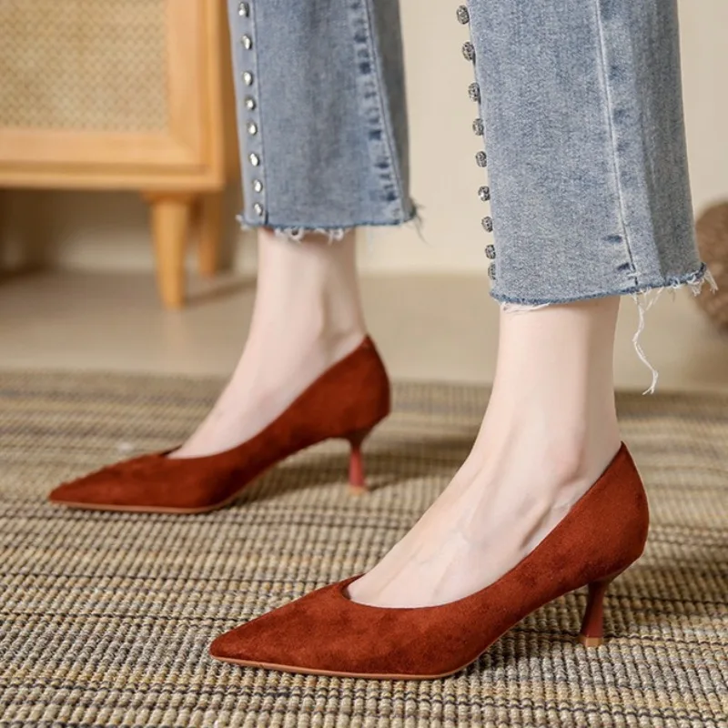 

New Retro Women's Shoes Exquisite Suede High Heels for Woman French Style Pointed Tip Casual Shoes Designer Shoes Zapatos Mujer
