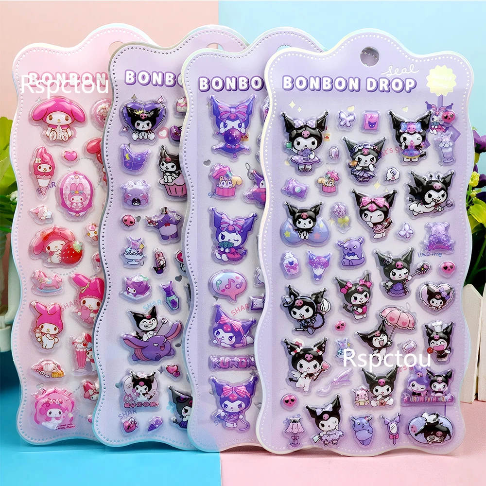 4 قطعة Kawaii Kuromi ميلودي ثلاثية الأبعاد منتفخ ملصقات مضحك الكرتون سانريو الإغاثة الشارات DIY بها بنفسك محمول الهاتف زجاجة ماء لطيف ملصق ديكور