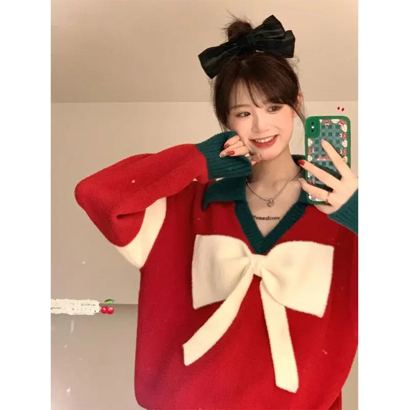 Red Christmas Sweet New Casual Pullovers Office Lady Autumn Winter Solid Sweaters Long Sleeve Tops Loose Women\'s Clothing 2023