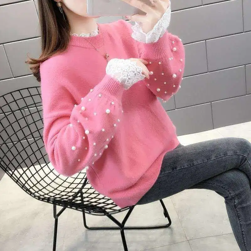 primer shirt Women\'s plus-size Maternity blouse Korean sweaters A pearl sweater Lace sweater winter clothes womensweater