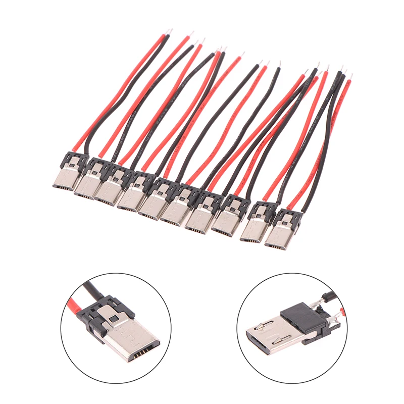 10Pcs 2P Micro USB Male With Cable 2Pin Welding Wire Male Connector Straight For Mobile Phone Charging Port Charging Socket