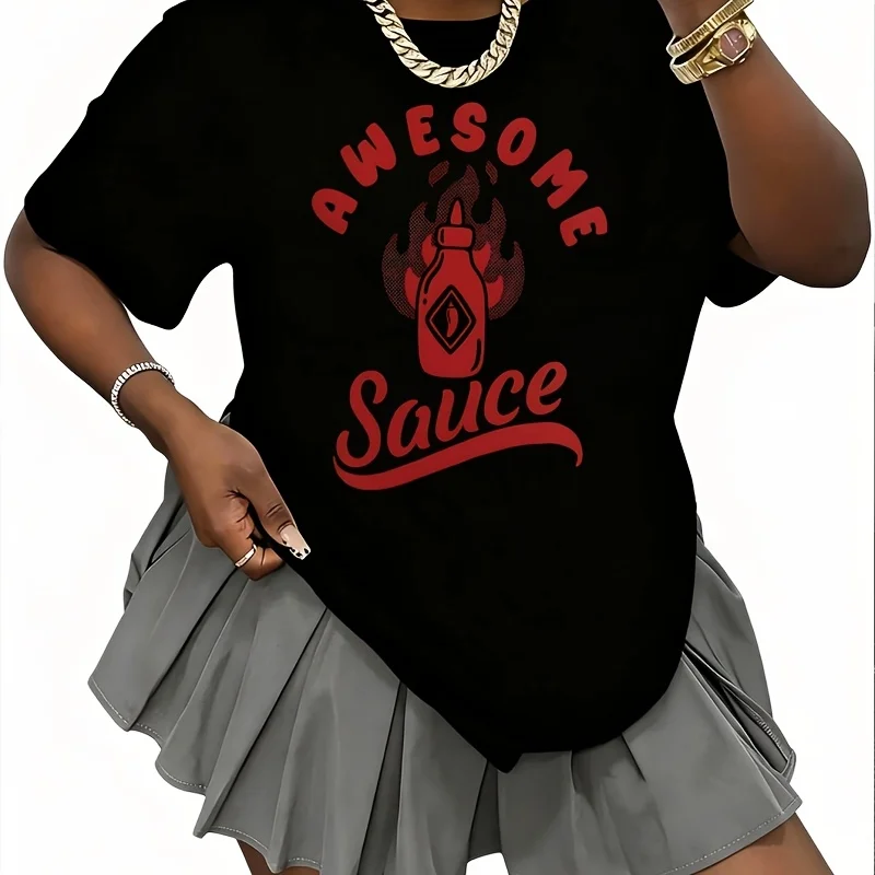 Funny Hot Condiment Joke Awesome Sauce Pun Graphic Women's 100% Cotton T-Shirt Fun Print Short Sleeve Top Casual Round Neck Tee S-5Xl