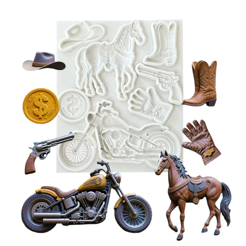 Molde de silicona para hornear con forma de botas de vaquero, caballo y motocicleta, herramientas para azúcar artesanal, chocolate, cupcakes, resina y decoración de fondant
