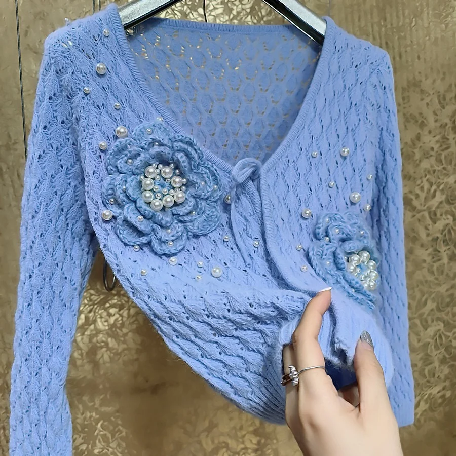 Women Spring Exquisite Hollow Large 3D Flowers Handmade Pearls Beaded Knitted Cardigan Hooked Floral Sunscreen Sweater Coat Tops