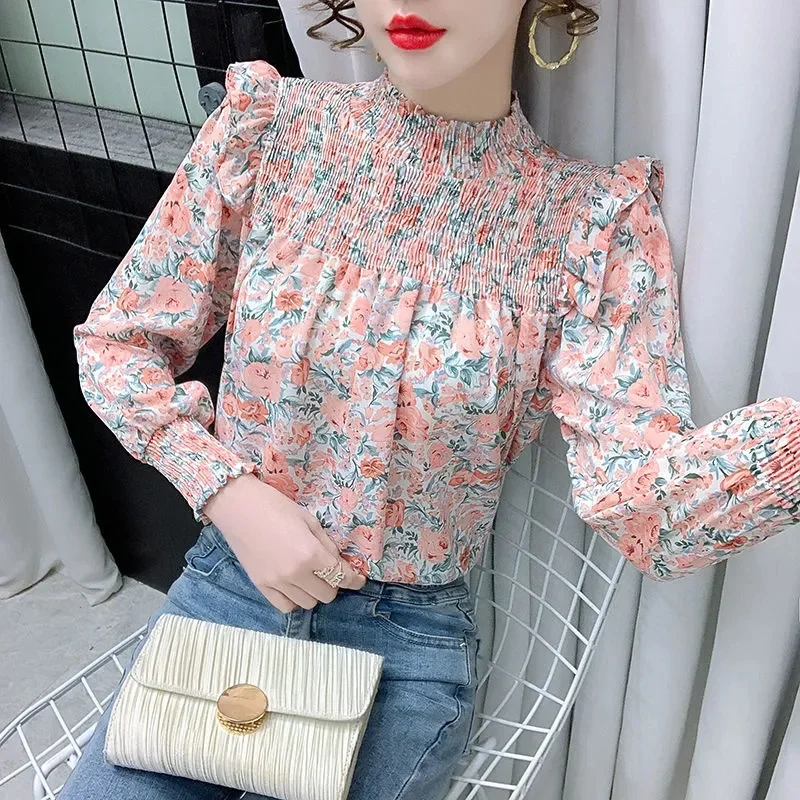

French Women Stand Collar Shirts Coat Spring Summer Ladies Fashion Floral Blouse Top Female High-end Long Sleeves Chiffon Shirts