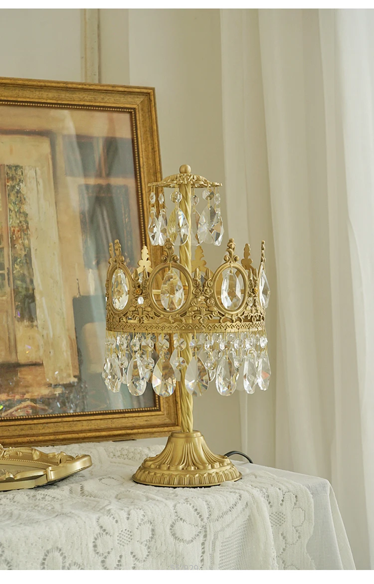 Brass crystal table lamp French light luxury living room bedroom study bedside creative all copper crown decoration