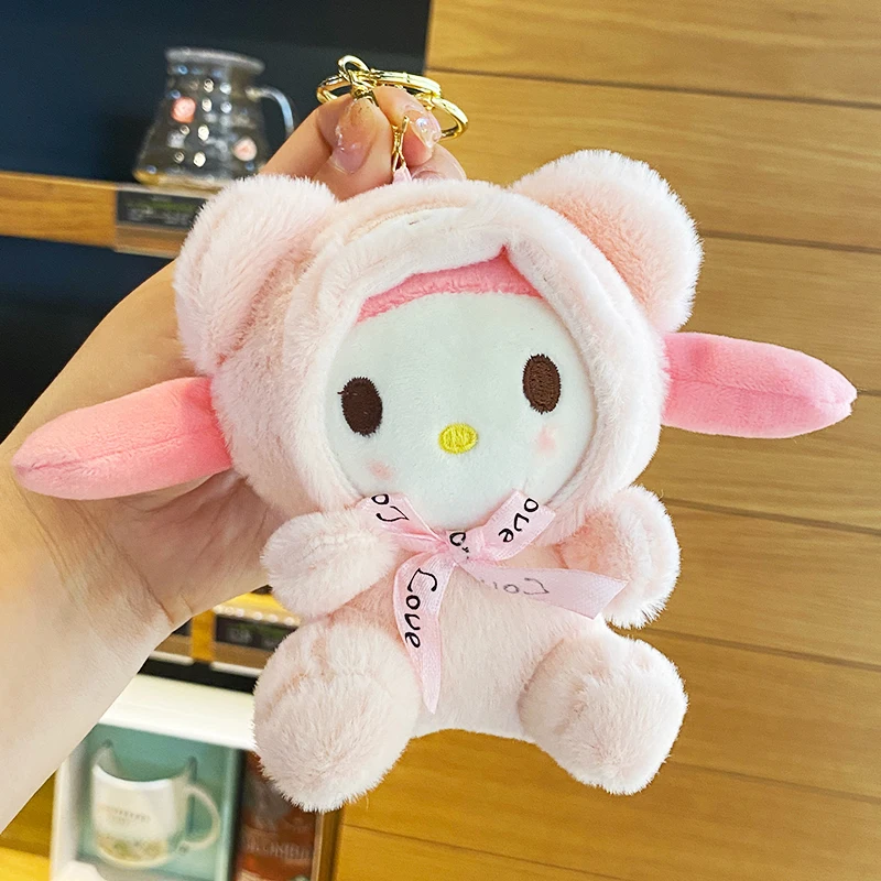 산리오 플러시 키 체인 장난감 인형 카와이 헬로 키티 멜로디 시나모롤 만화 배낭 펜던트 장식 소녀를위한 생일 선물
