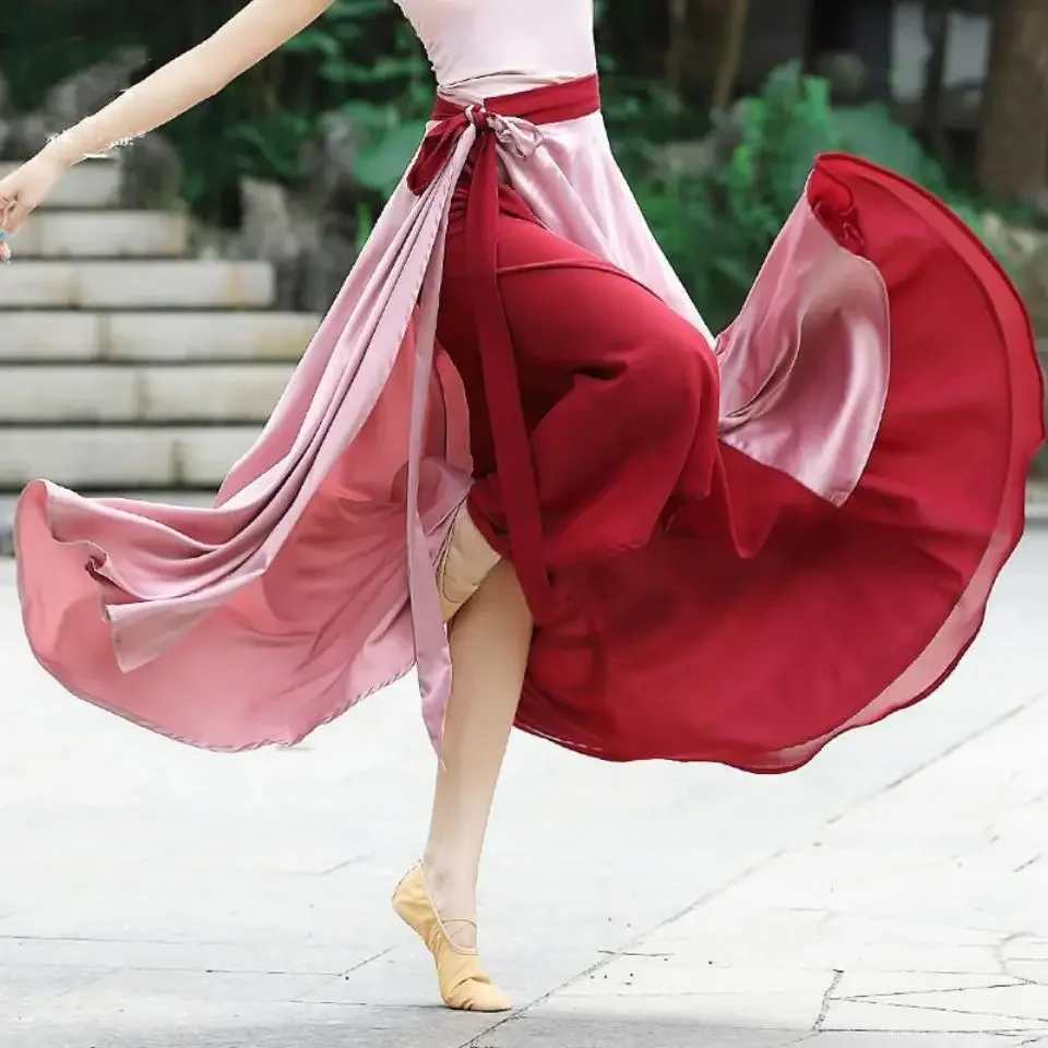 Belly Dance One-piece Lace-up Skirt Two-color Chiffon Waist Wrap Skirt 720 Degree Dance Long Skirt Satin Fairy Classical Dance