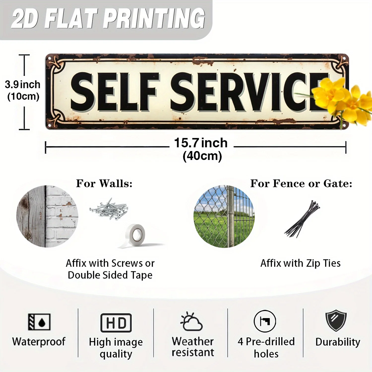 2D Flat - Vintage-Style Metal Sign for Self-Service, Featuring a Retro Design, Suitable for Hanging on Walls in Your Home, Kitch