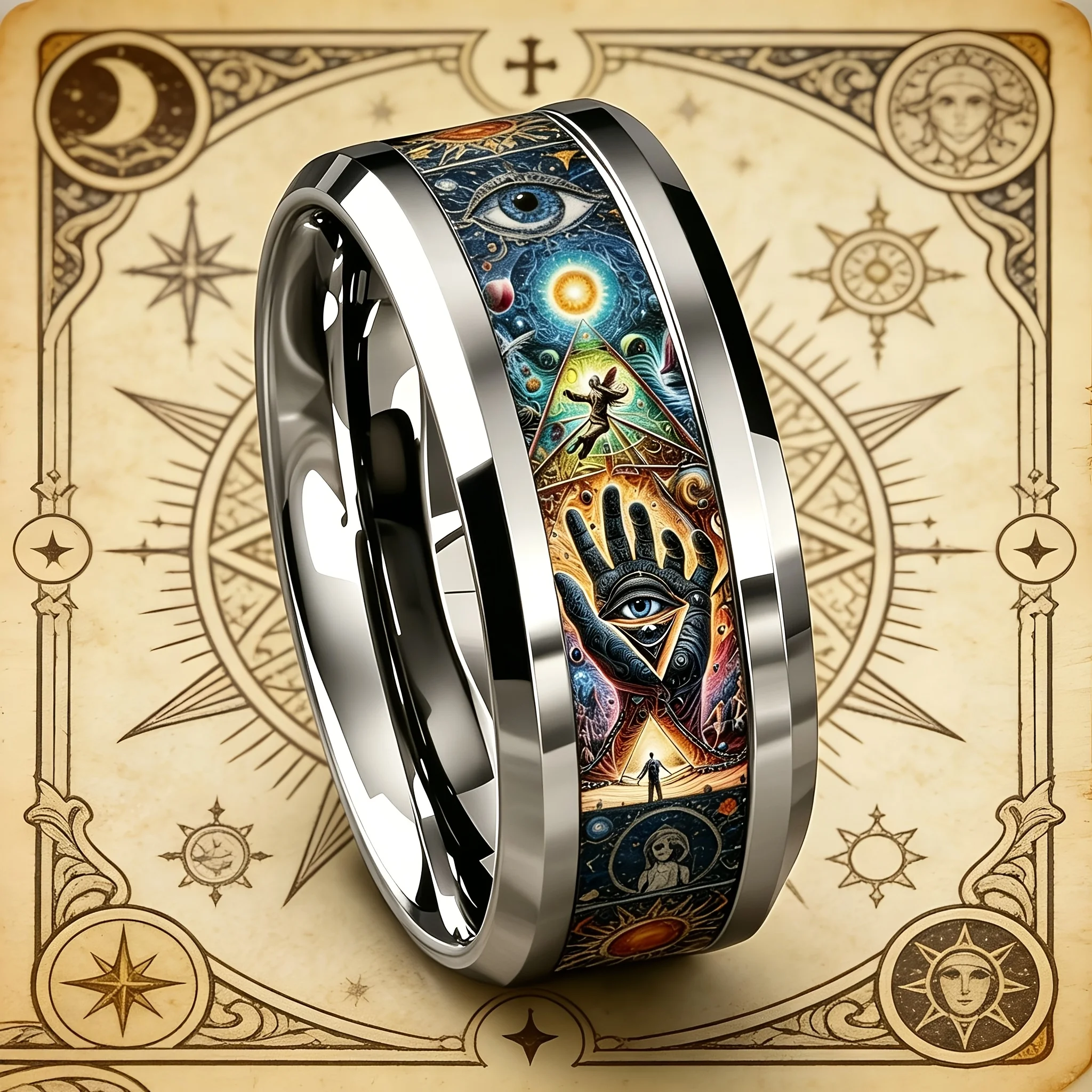 Vintage Men Stainless Steel Ring with Mystical Esoteric Tarot & All Seeing Eye Pattern Inlay Rings for Men Women Wedding Jewelry