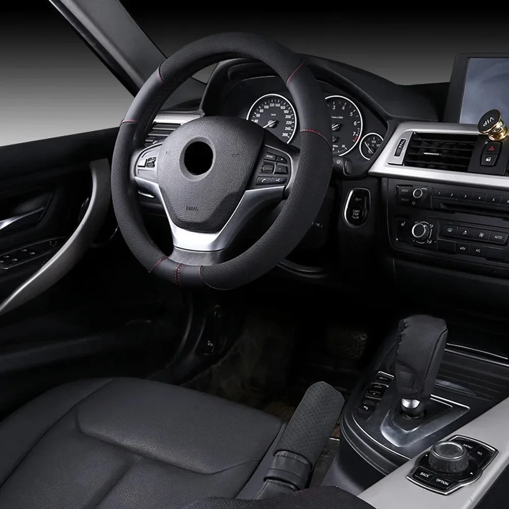 

Breathable Anti-slip Handbrake Car Auto Steering Wheel Cover 38cm Gray Black