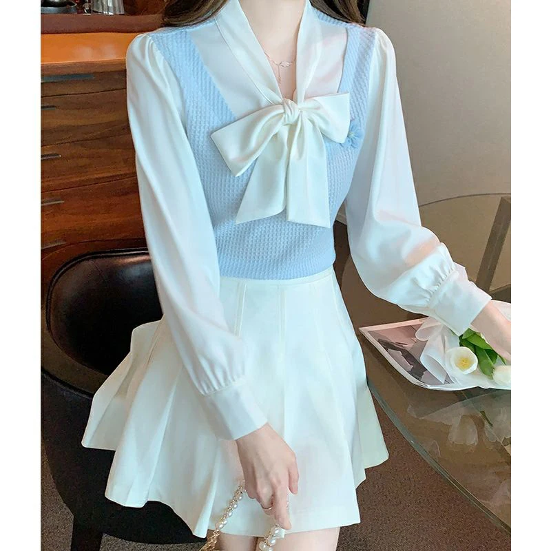 Spring Autumn Fake Two Pieces Bow Pullover Shirt Ladies Long Sleeve Sweet Fashion All-match Patchwork Top Women Casual Blouse