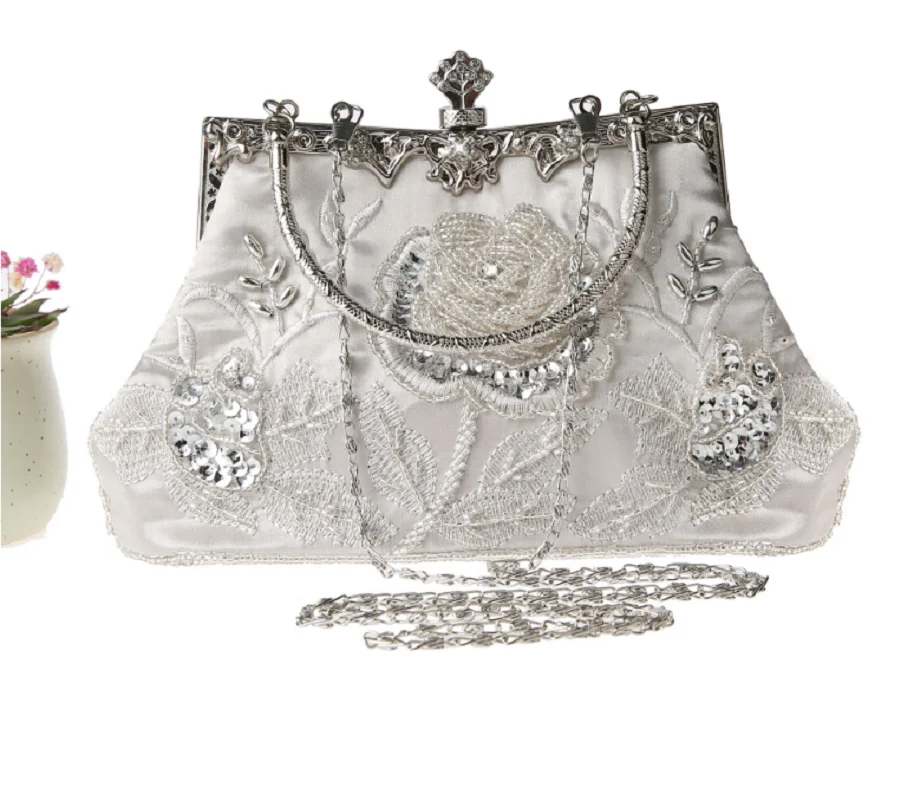 New Women's Fashion Embroidered Bead Flower Clutch Bag Chains Shoulder Bags Wedding Party Cosmetic Bag Phone Purse Handbag