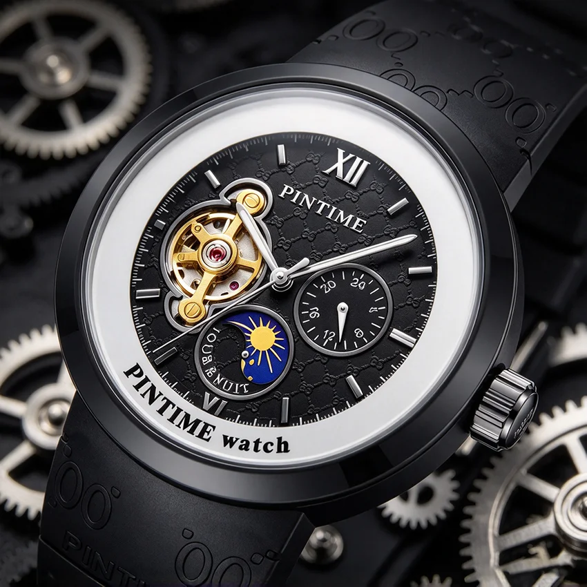 Luxury Men Mechanical Watch Automatic White Skeleton Sun Moon Phase Waterproof Sport Male Clock Relogio Masculino
