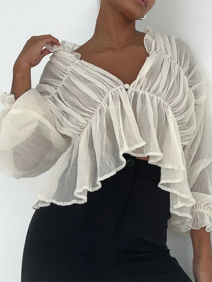 Women s Sheer Mesh Button Up Shirt Long Lantern Sleeve V Neck Peplum Tops Pleated Ruched See Through Blouse Tops