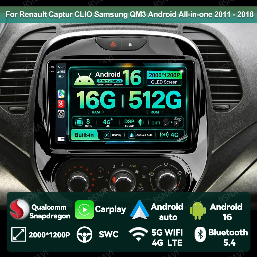 Car Radio Android 16 For Renault Captur CLIO Samsung QM3 Android All-in-one 2011 - 2018 GPS Viedo Player Stereo Head Unit BT DVD