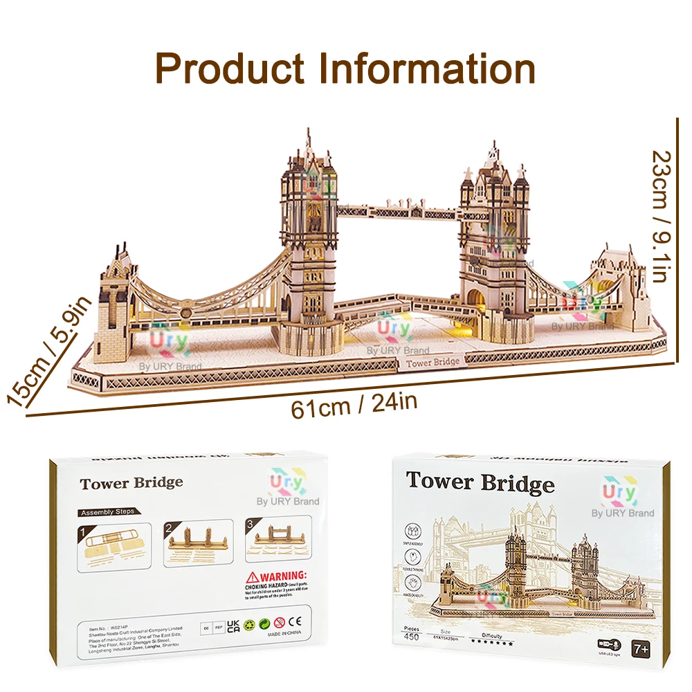 Ury 3D Wooden Puzzle England London Tower Bridge with Light LED Retro Assembly Souvenir Kits for Adult DIY Model Decoration Gift