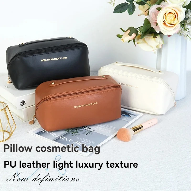 PU Pillow Cosmetic Bag Large Capacity Cosmetic Storage Bag Convenient Travel Wash Bag 1pc