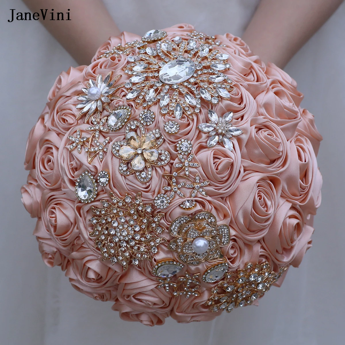 

JaneVini New Light Pink Ribbon Flowers Bridal Bouquets Sparkly Golden Rhinestones Artificial Satin Roses Wedding Brooch Bouquet