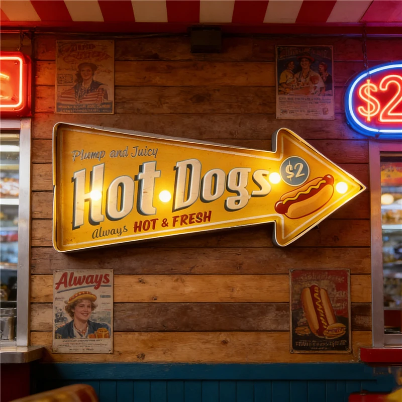 American Village Style Retro Iron Wall sign Glow hotdog Style Exquisite Craft Painting Plaques with light for indoor decoration