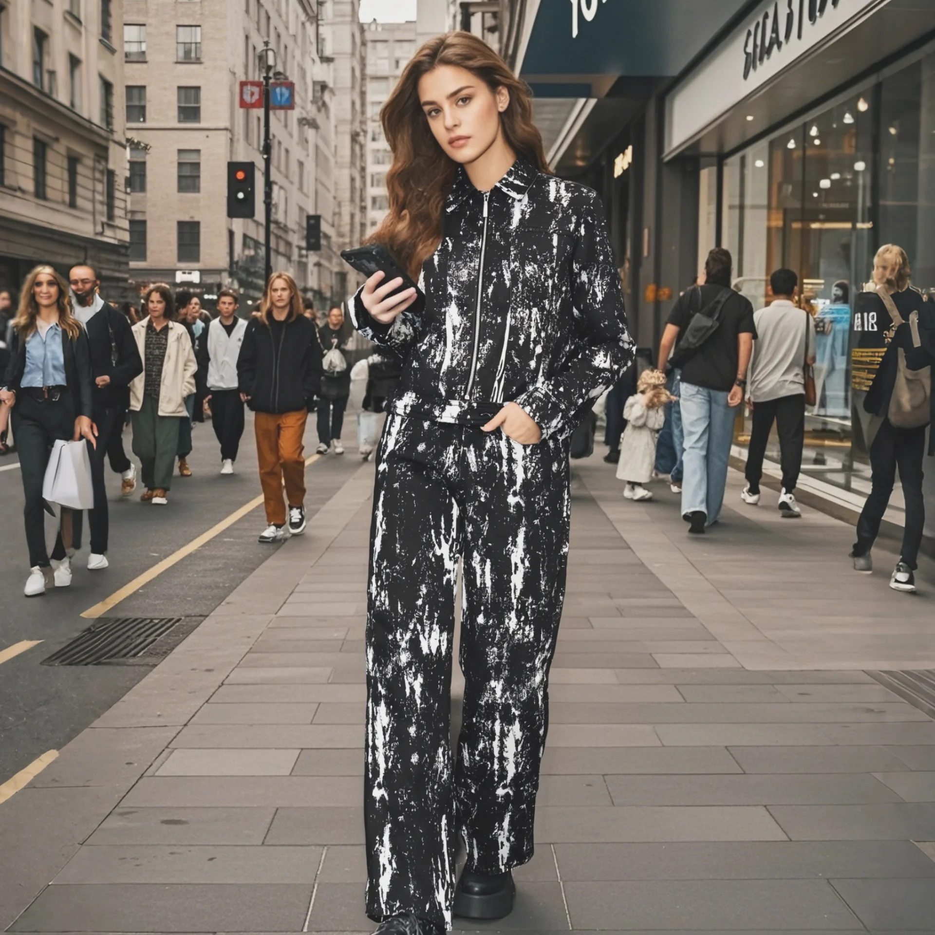 

2025 New Women's Set Zippered Collared Jacket with Unique Print Matching Straight Leg Pants for Trendy Looks