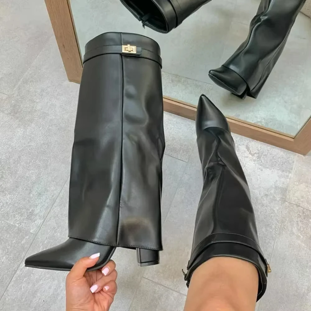 2024 Winter Brand New Fashion Leather Knee Pants Boots for Women Europe and America Elegant High Heels Big Size Shoes 43 44 45