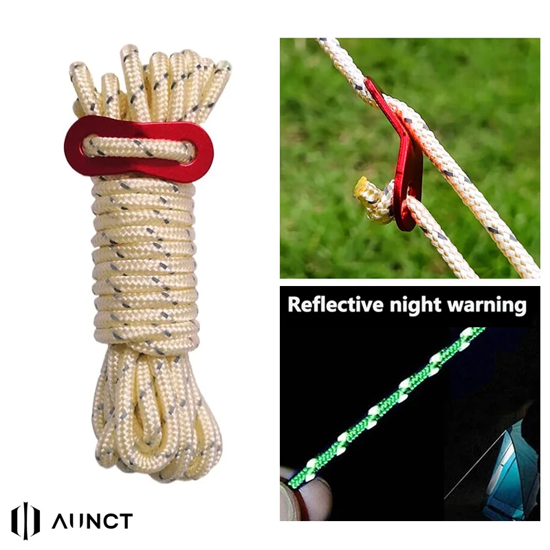 Aunct 4M Multi-Function Luminous Tent Rope with Quick Adjustment Buckle, ReflectiveTent Rope for Beach/Camping/Dry Cloth