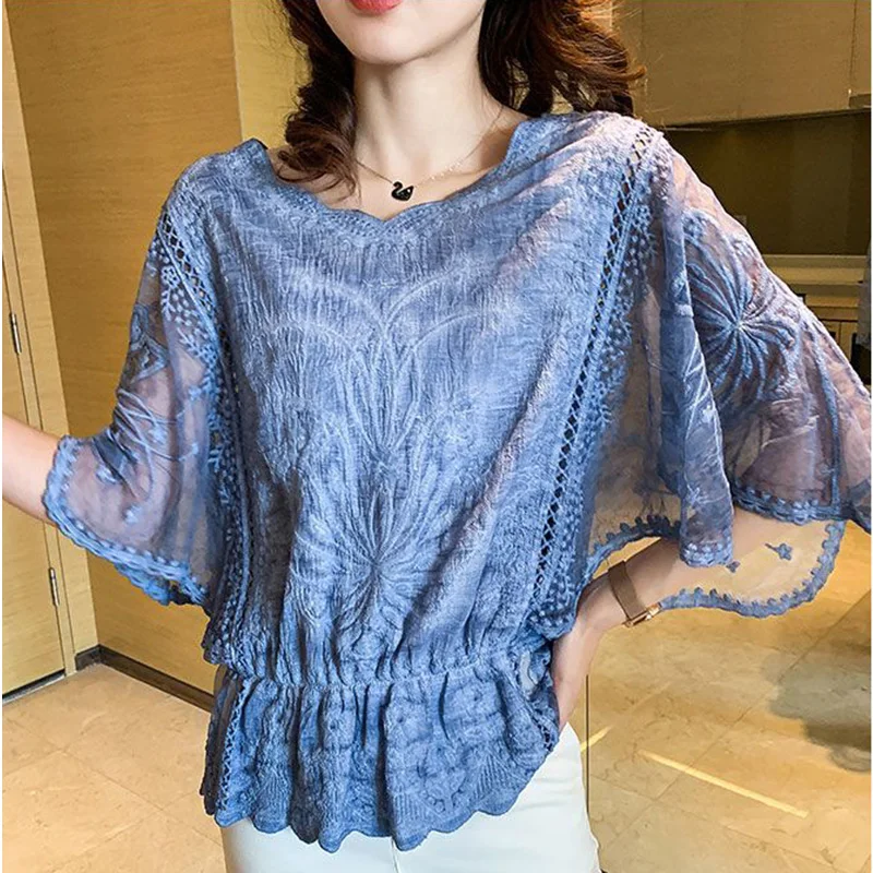 Stylish Loose Lace Embroidery Batwing Sleeve Blouse Women Clothing 2023 Summer New Casual Pullovers Chic Ruffles Shirt