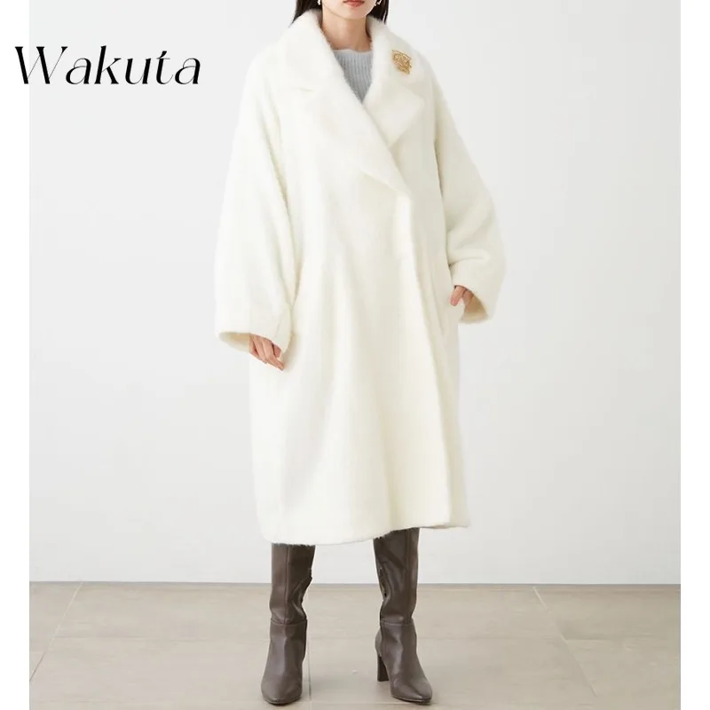 Wakuta-chaquetas de manga larga con solapa Retro japonés, elegante, suelto, longitud media, lana, moda de viaje, mezclas de Tweed