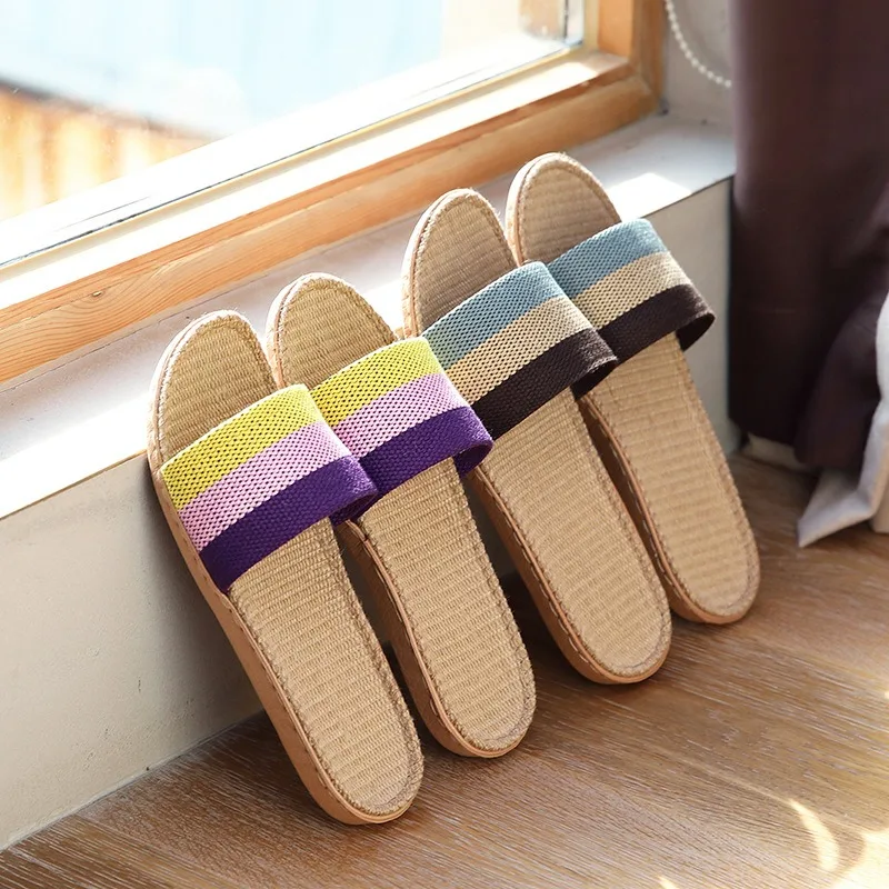 

Women Fashion Couple Summer Toe Wrap Warm Cute Flax Print Slippers Thick Soft Sole Slides Indoor Floor Flat Home Shoes