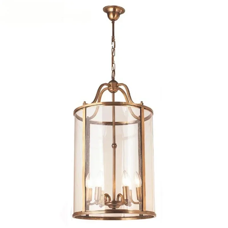 

American Vintage Hotel Lobby Aisle Corridor Restaurant Cylinder Solder Glass Birdcage Copper Chandeliers Pendant Lights
