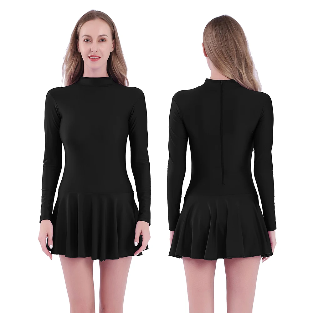 

Aoylisey arrival Women Leotards One Piece Dress Long Sleeve Leotard Ballet Dance Unitard Bodysuit Scoop Neck Gymnastics Dresses