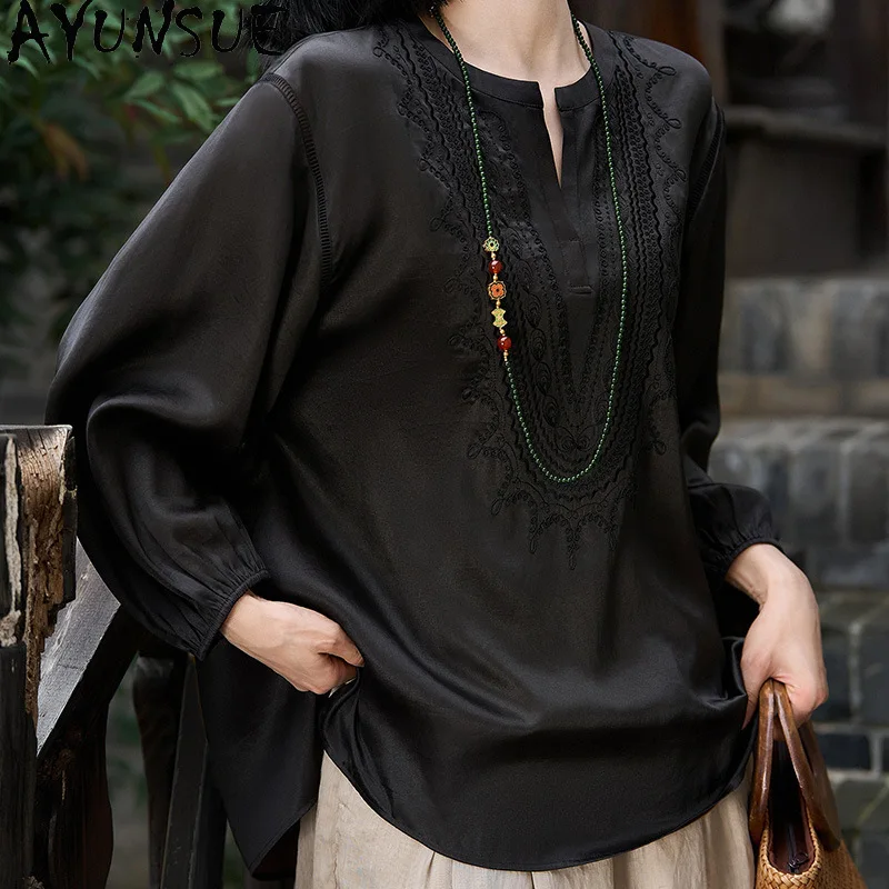 

AYUNSUE Xiangyunsha Silk Women's Blouses Chinese Style Embroidered Tops for Woman Spring Black Top Woman Clothes Женская Одежда