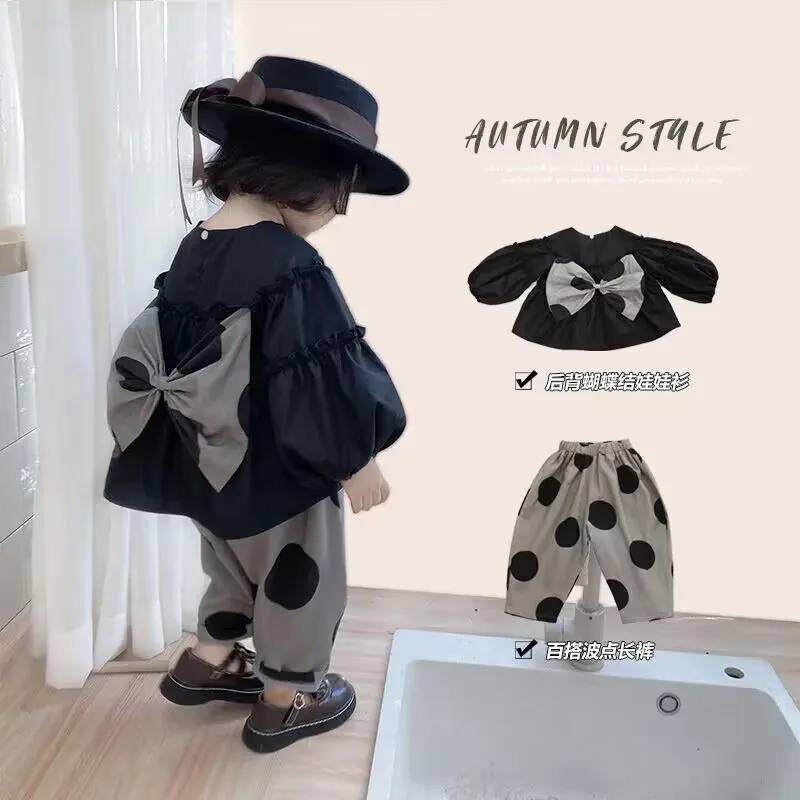 Toddler Baby Girl Clothes Outfit Girls\' Autumn Set New Baby Bow Bubble Sleeves Top and Pants Two piece Children\'s Clothing Set