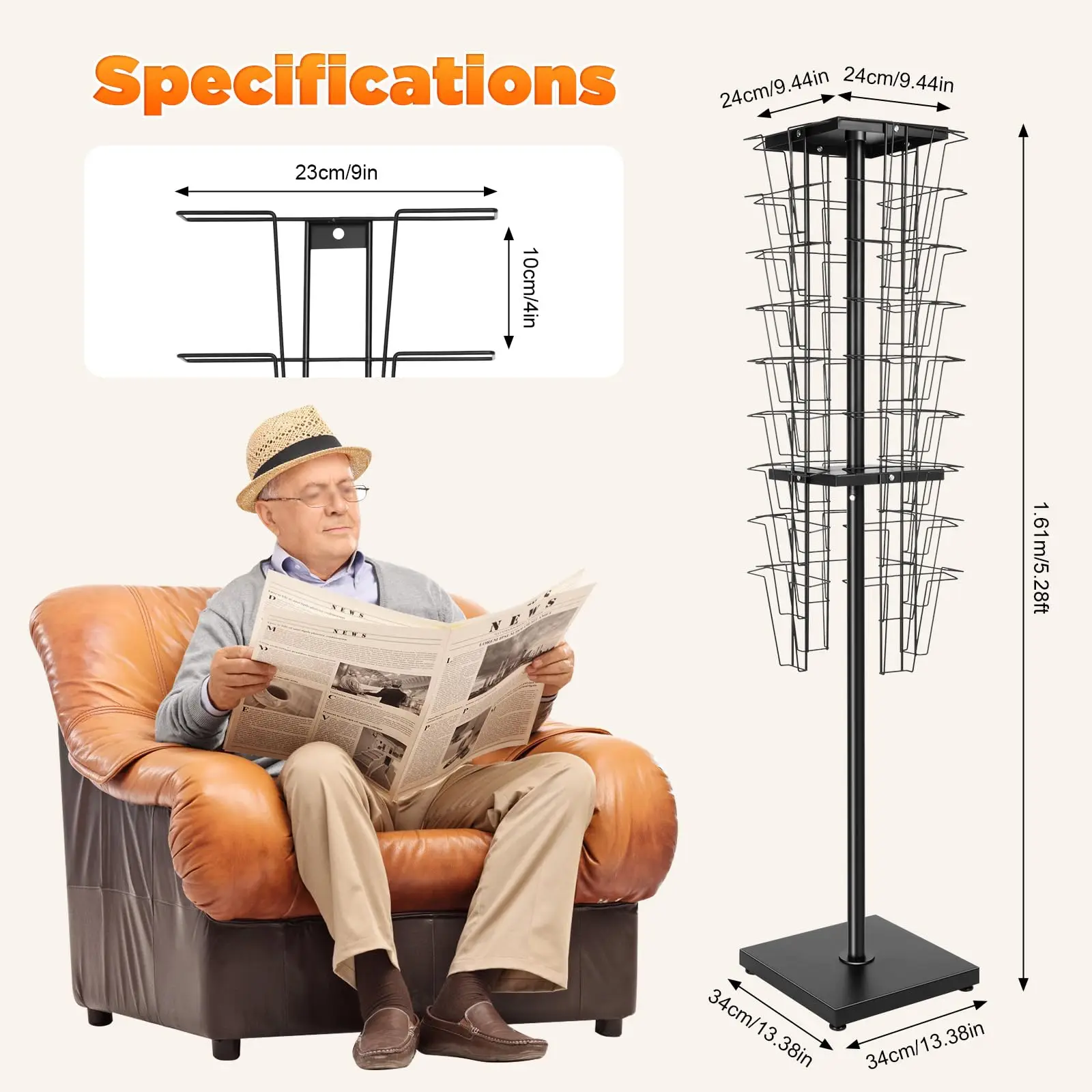 360° Rotating Magazine Rack, 36 Pockets Floor Standing Pamphlet Literature Organizer, Comic Book Brochure Display Stand