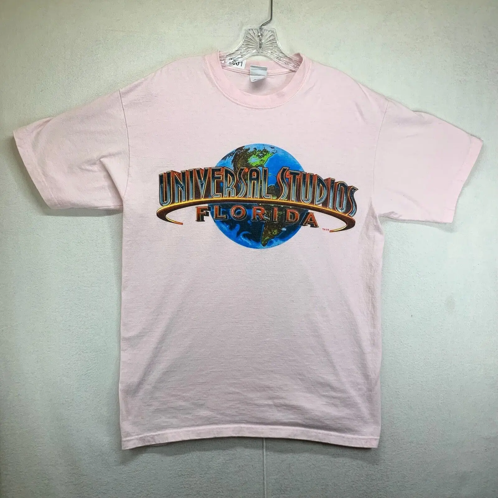 Vintage 90’s Universal Studios Florida T-Shirt Mens Large Pink Spell Out Earth