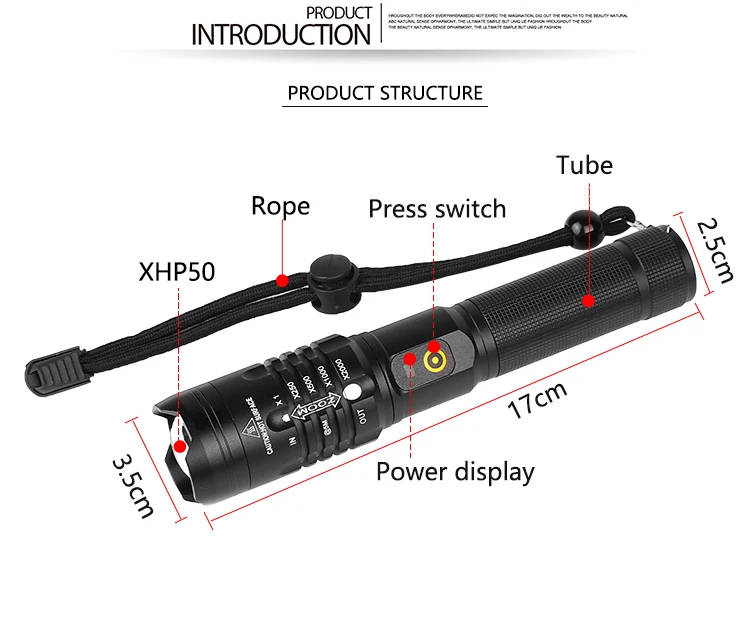 Flashlight LED high lumen rechargeable handheld tactical, 50,000 lumens super bright, high power flashlight