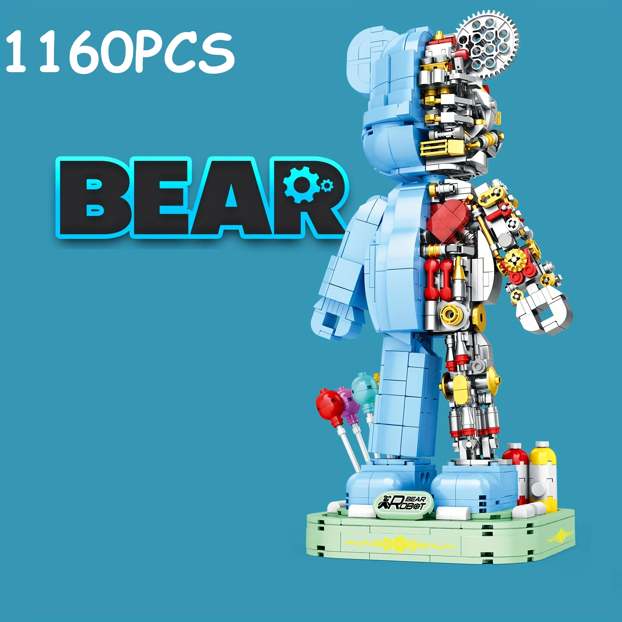 1160PCS Blue Half Machinery Bear Building Blocks  Cute Gear Bear Model Bricks Desktop Decoration Toys For Kids Holiday Gifts