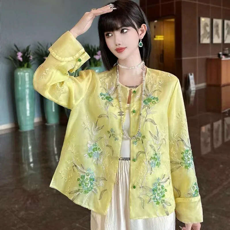 

High End Silk Blouse for Women's Spring Summer Flowers New Loose Embroidery Sequins Sunscreen Top S-XXL