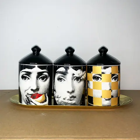 European Styles Ceramic Candle Holder With Black Lid Aromatherapy Jar Candlestick Gold Tray Home Ornament Arts Crafts Desk Decor