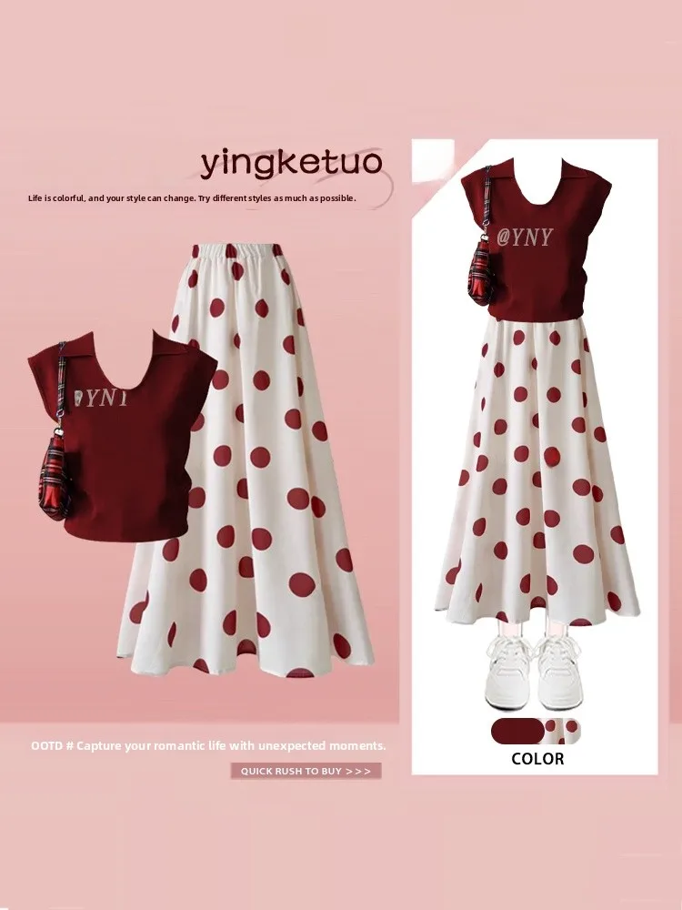 

Red Polka Dot Vest And Skirt Set Retro Hong Kong Style Summer Fashion Two-Piece Suit Women's Regular Fit Short Sleeve round Neck