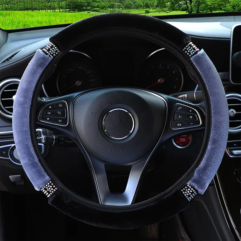 Car Steering Wheel Cover Diameter Soft Plush Rhinestone Diamond-encrusted Car Steering Cover Interior Accessories Universal