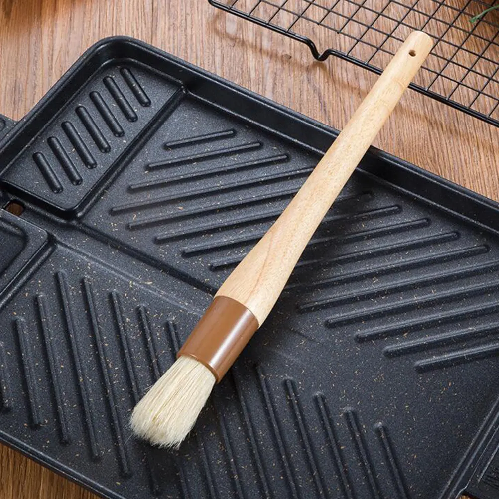 

Round Long Wood Handle Wool Barbecue Brush Basting Oil Brush for Grilling Baking Sauce Application Non Scratch Kitchen Utensil
